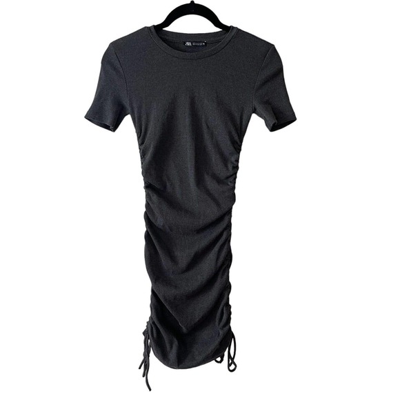 ZARA Small Ruched Ribbed Dress Mini Short Sleeve Dark Gray Short Stretch - Picture 1 of 10